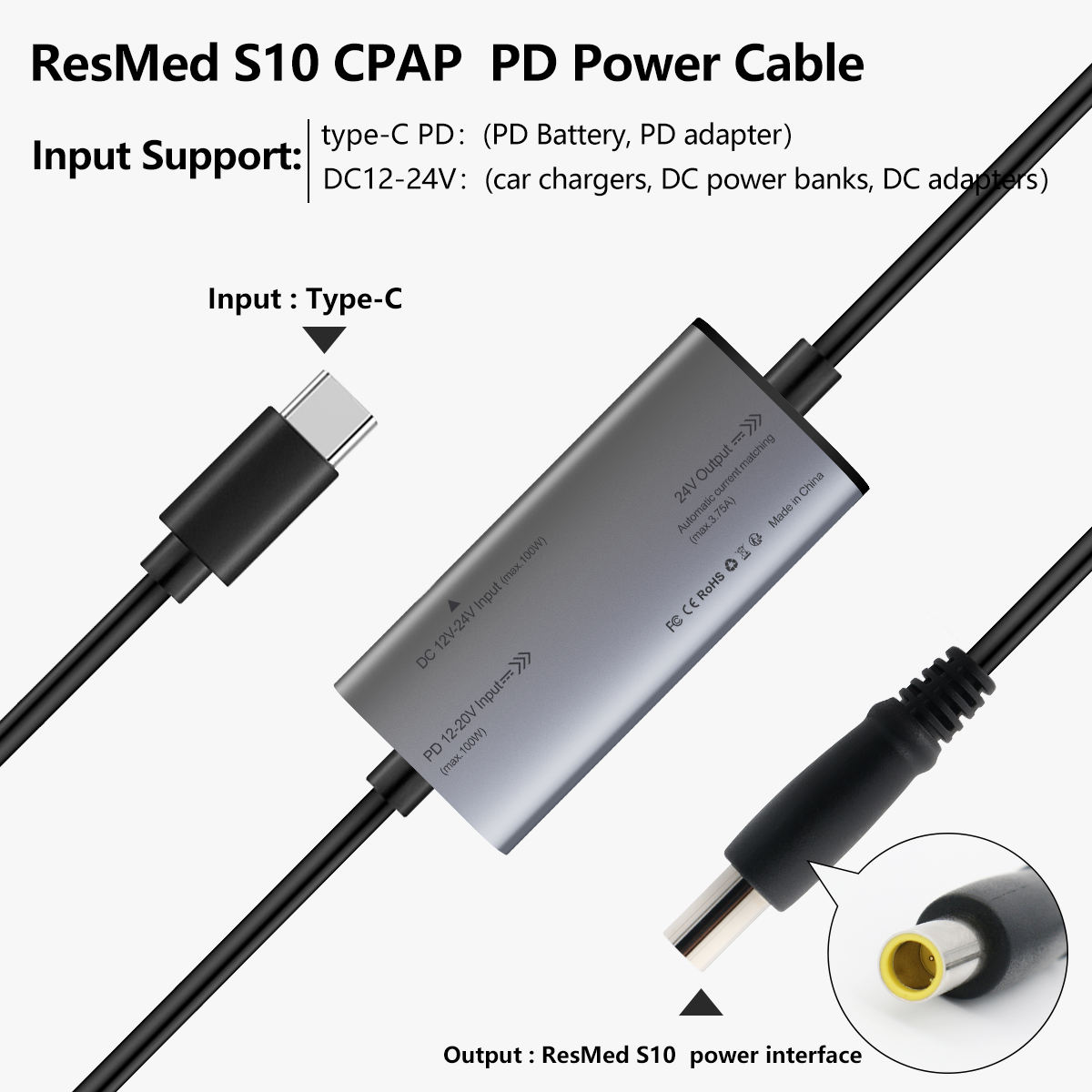 Type-C to ResMed S10 Power Cord