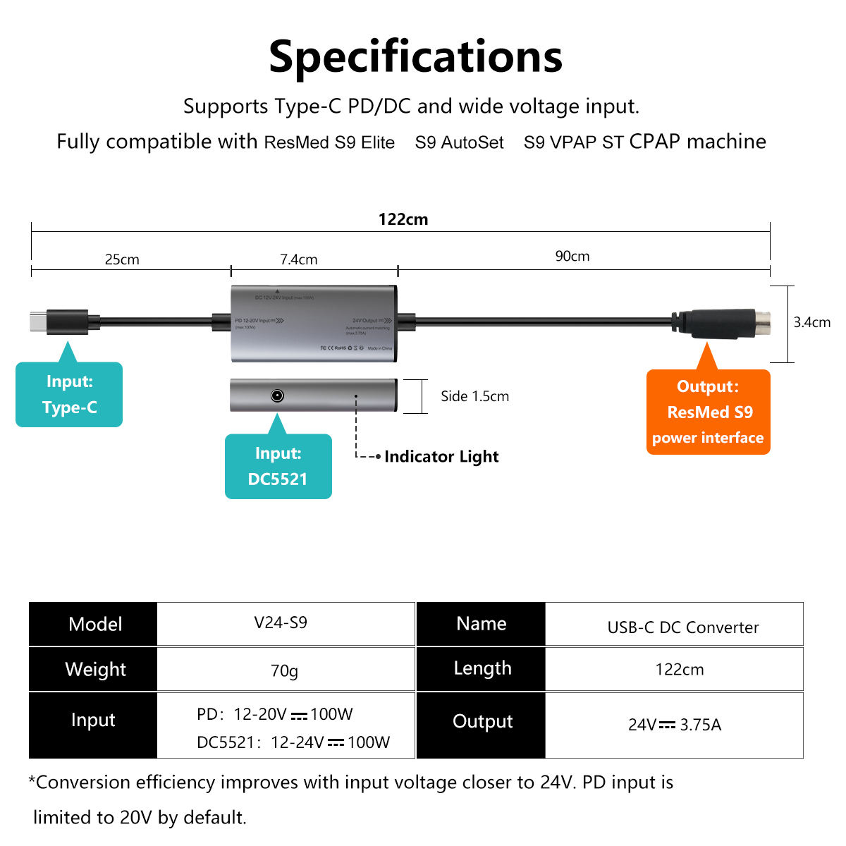 Type-C to ResMed S9 Power Cable