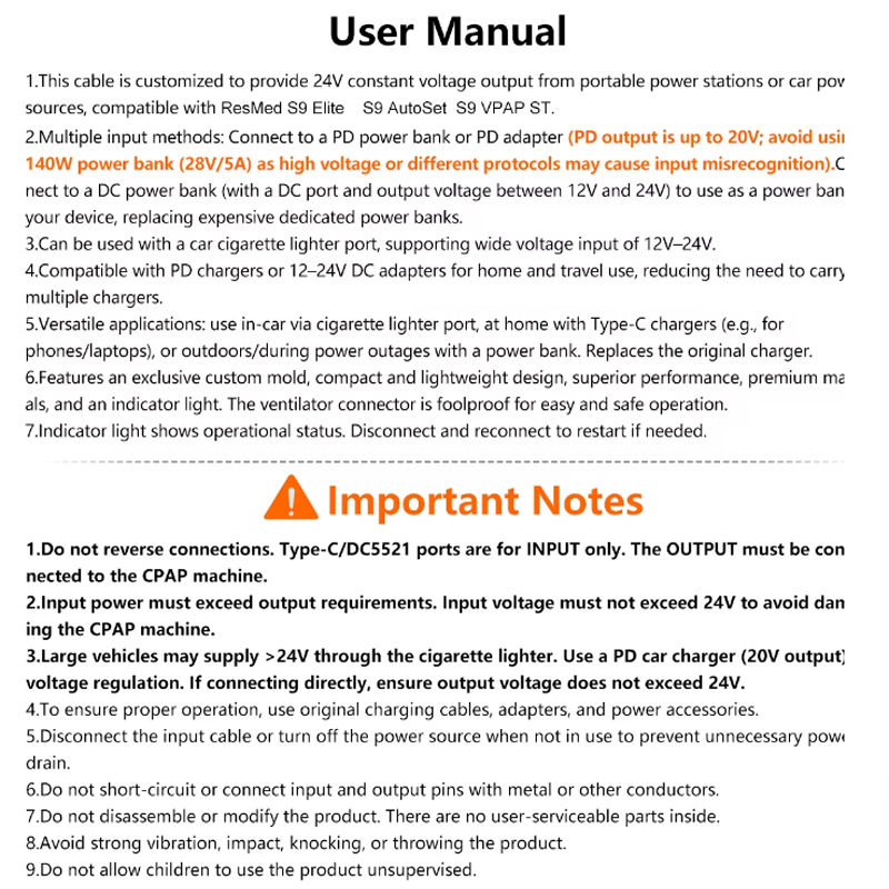 Type-C to ResMed S9 Power Cable